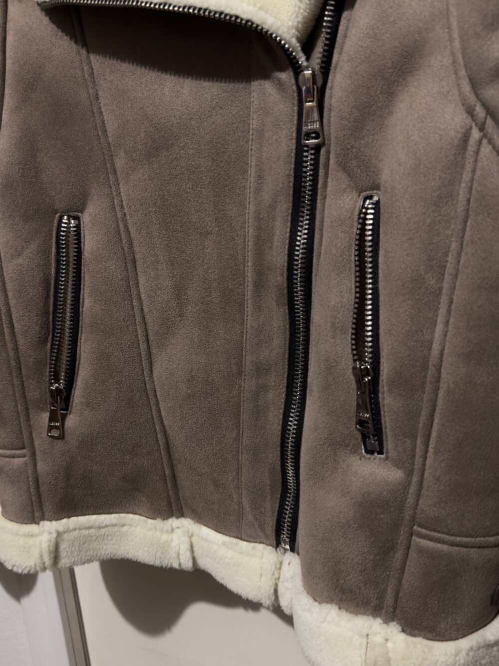 Vigoss Faux Suede Shearling Moto Aviator Jacket Taupe Medium Cozy - Picture 4 of 16